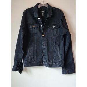 Forever 21 Distressed Black Denim Oversized Men Jacket Hip Hop Y2K Small A0040